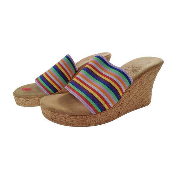 mootsie tootsie 3.25" wedge heel elastic band multicolor strips slide on sandals - Picture 2 of 5